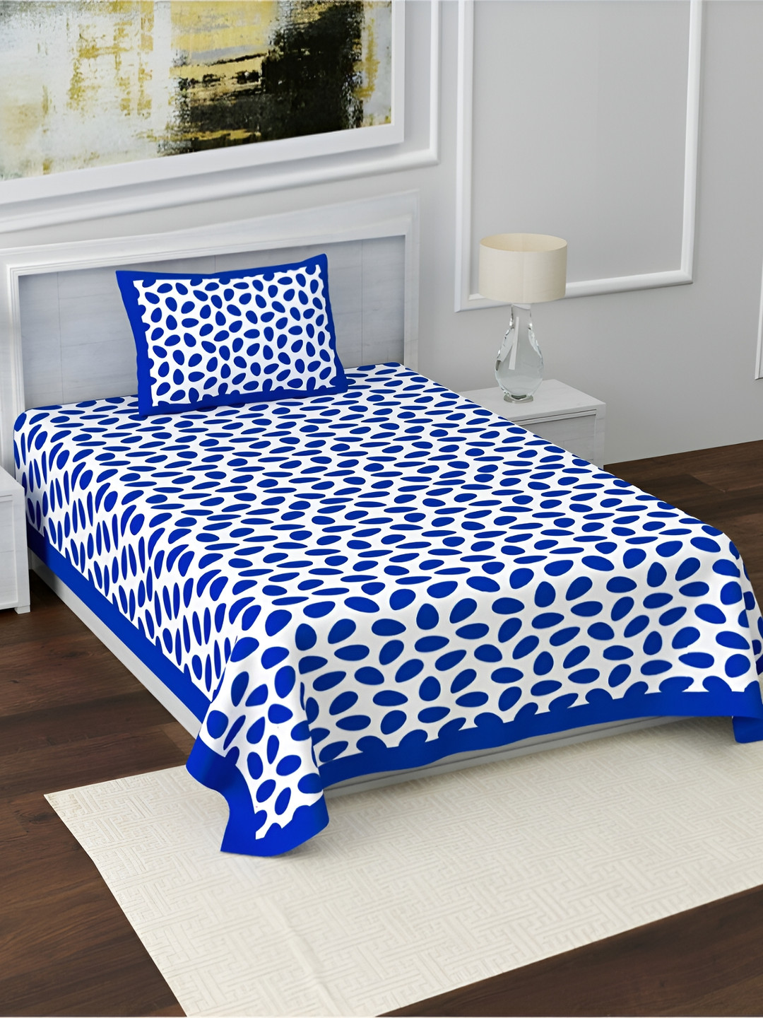 POORAK Anti Fade Flat Blue Geometric Cotton 104 TC Single Coarse Bedsheet with a Pillow Cover-90 x 63 inches