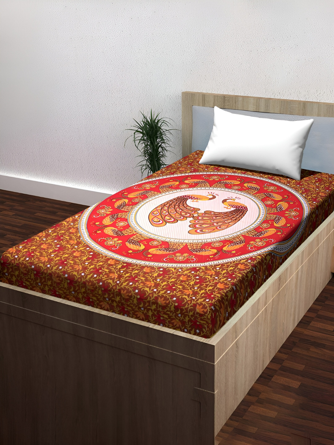 POORAK Brown Floral Cotton 104 TC Single Coarse Bedsheet with a Pillow Cover-90 x 63 inches