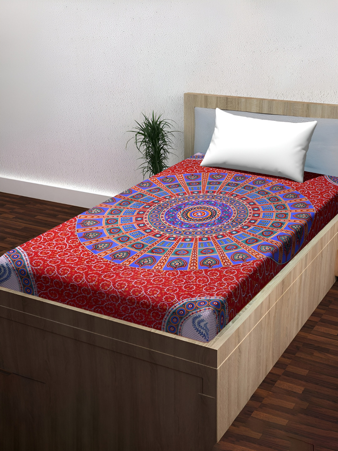 POORAK Anti Fade Flat Red Ethnic Motifs Pure Cotton 104 TC Single Coarse Bedsheet with a Pillow Cover-87 x 63 inches
