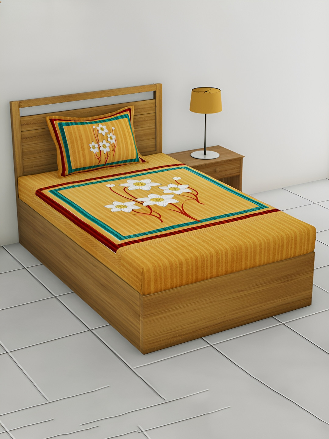 POORAK Mustard Floral Cotton 104 TC Single Coarse Bedsheet with a Pillow Cover-90 x 63 inches
