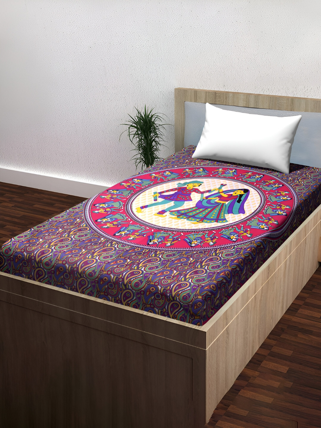 POORAK Anti Fade Pink Ethnic Motifs Pure Cotton 104 TC Single Coarse Bedsheet with a Pillow Cover-90 x 63 inches