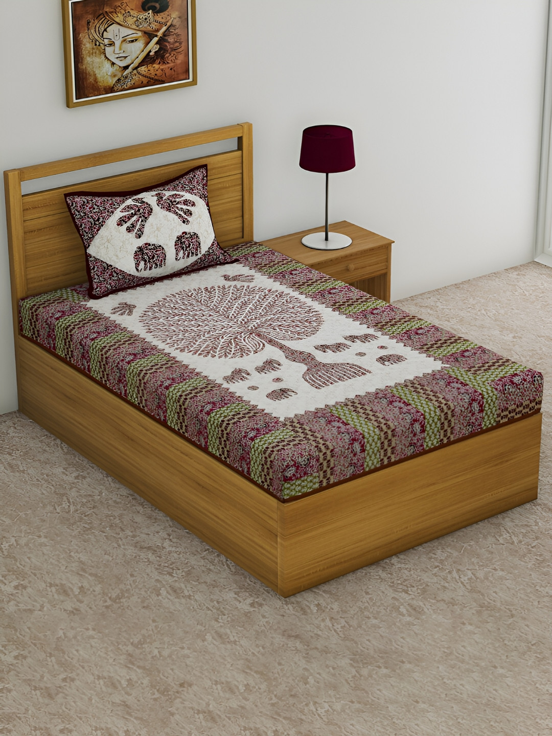 POORAK Anti Fade Pink Floral Cotton 104 TC Single Coarse Bedsheet with a Pillow Cover-90 x 63 inches