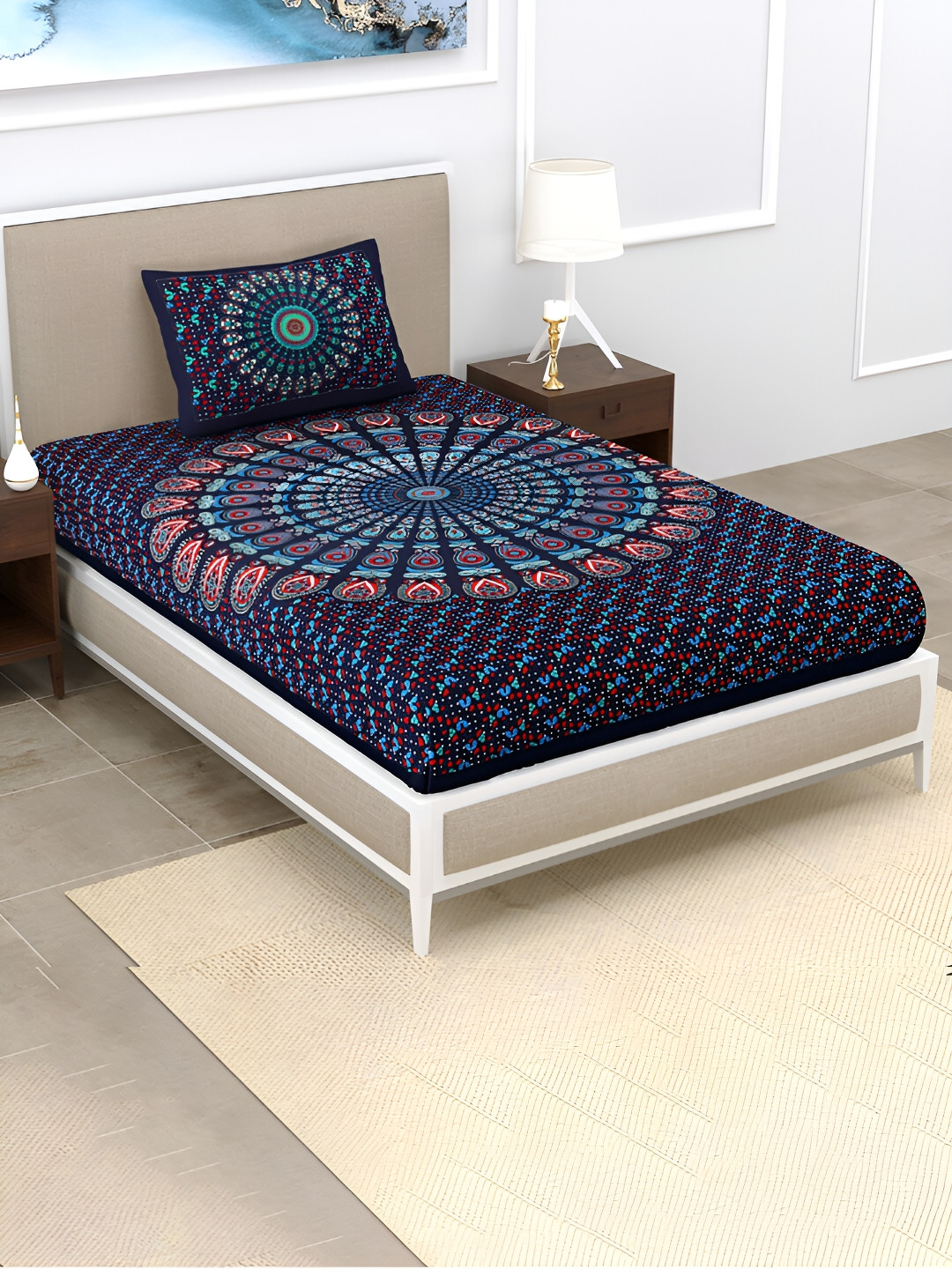 POORAK Blue Floral Pure Cotton 104 TC Single Coarse Bedsheet with a Pillow Cover-90 x 63 inches