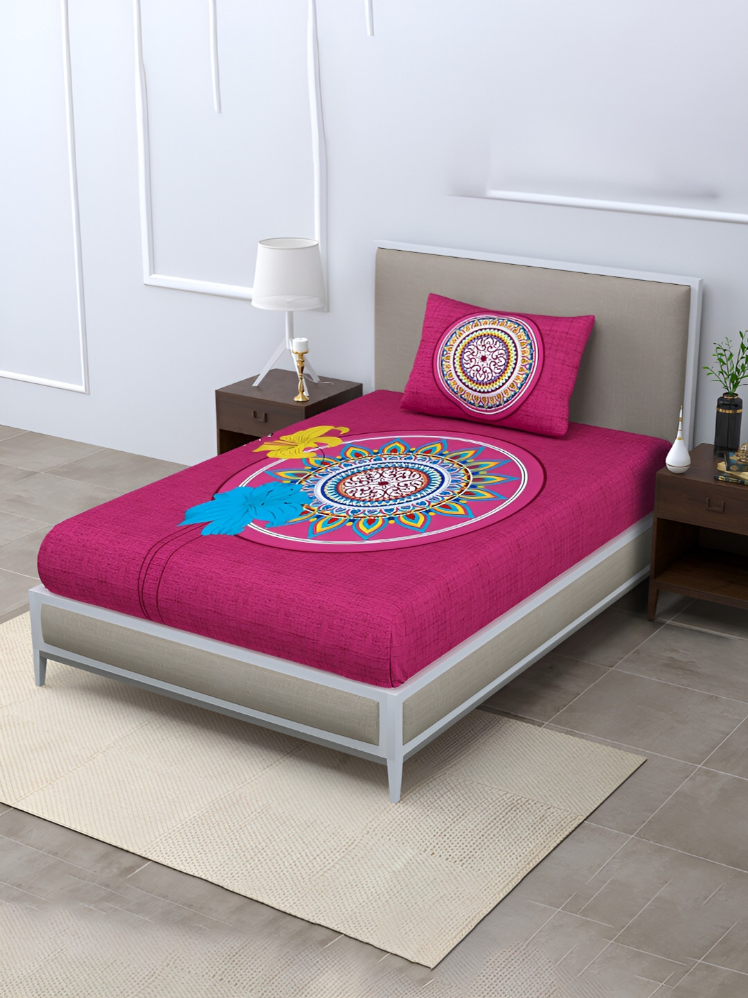 POORAK Anti Fade Flat Pink Floral Cotton 104 TC Single Coarse Bedsheet with a Pillow Cover-90 x 63 inches