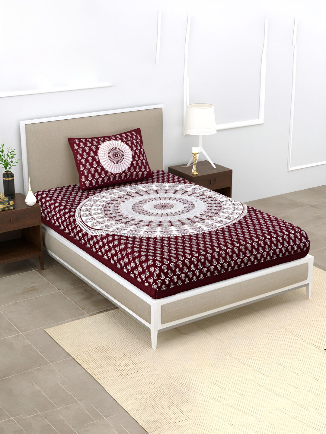 POORAK Anti Fade Maroon Ethnic Motifs Pure Cotton 104 TC Single Coarse Bedsheet with a Pillow Cover-87 x 63 inches