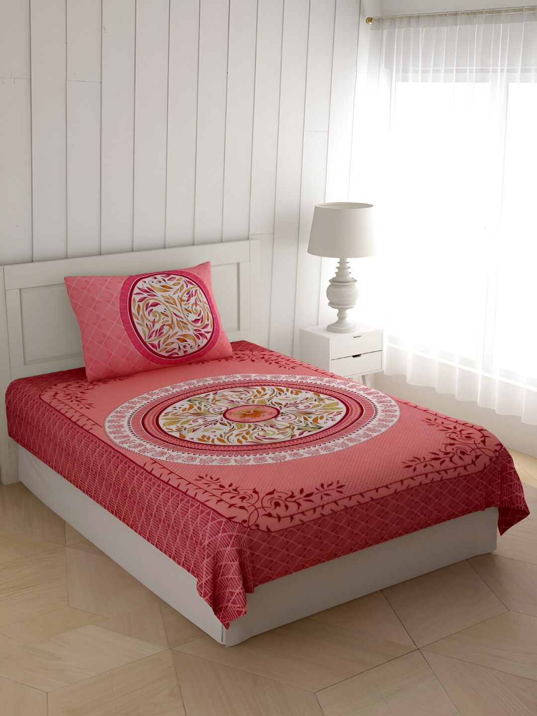 POORAK Red Floral Pure Cotton 104 TC Single Coarse Bedsheet with a Pillow Cover-90 x 63 inches