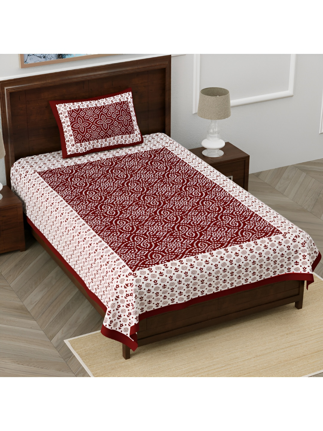 POORAK Anti Fade Maroon Floral Pure Cotton 104 TC Single Coarse Bedsheet with a Pillow Cover-90 x 63 inches