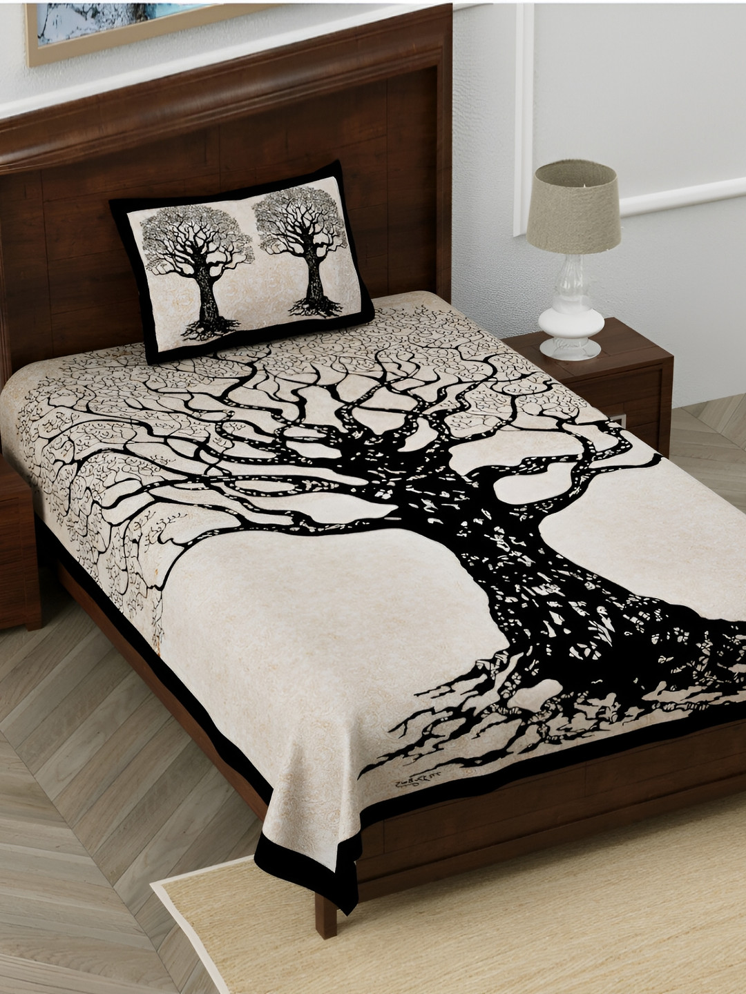 POORAK Ivyrose Black Floral Cotton 104 TC Single Coarse Bedsheet with a Pillow Cover-90 x 63 inches