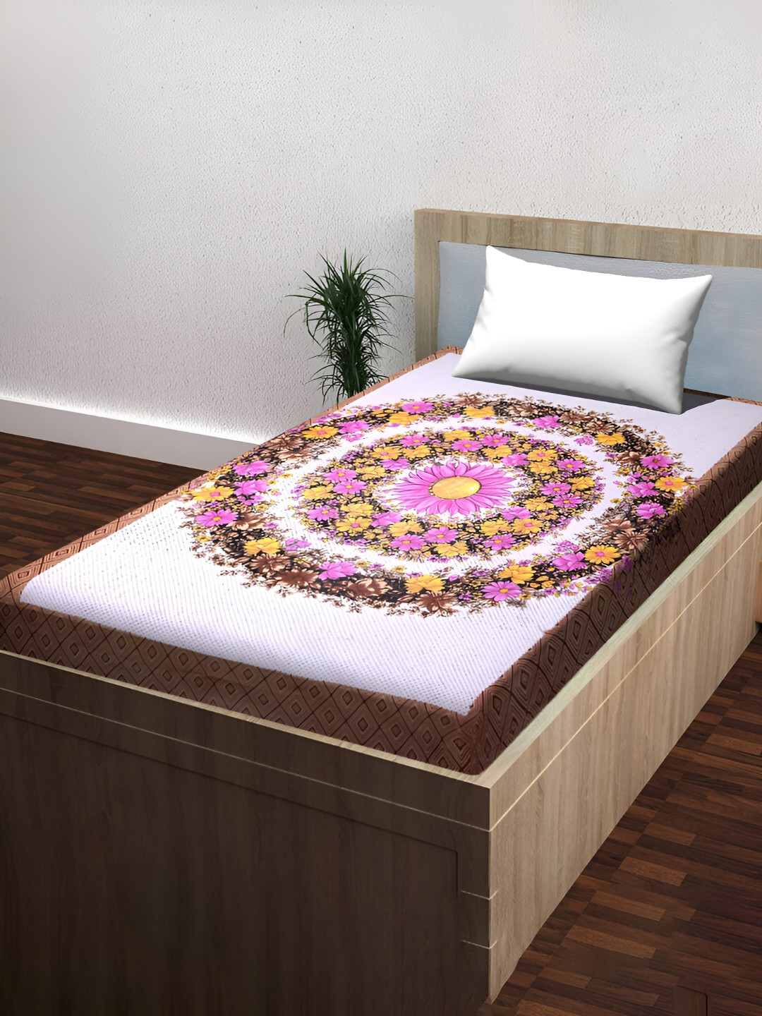 POORAK Brown Floral Pure Cotton 104 TC Single Coarse Bedsheet with a Pillow Cover-90 x 63 inches