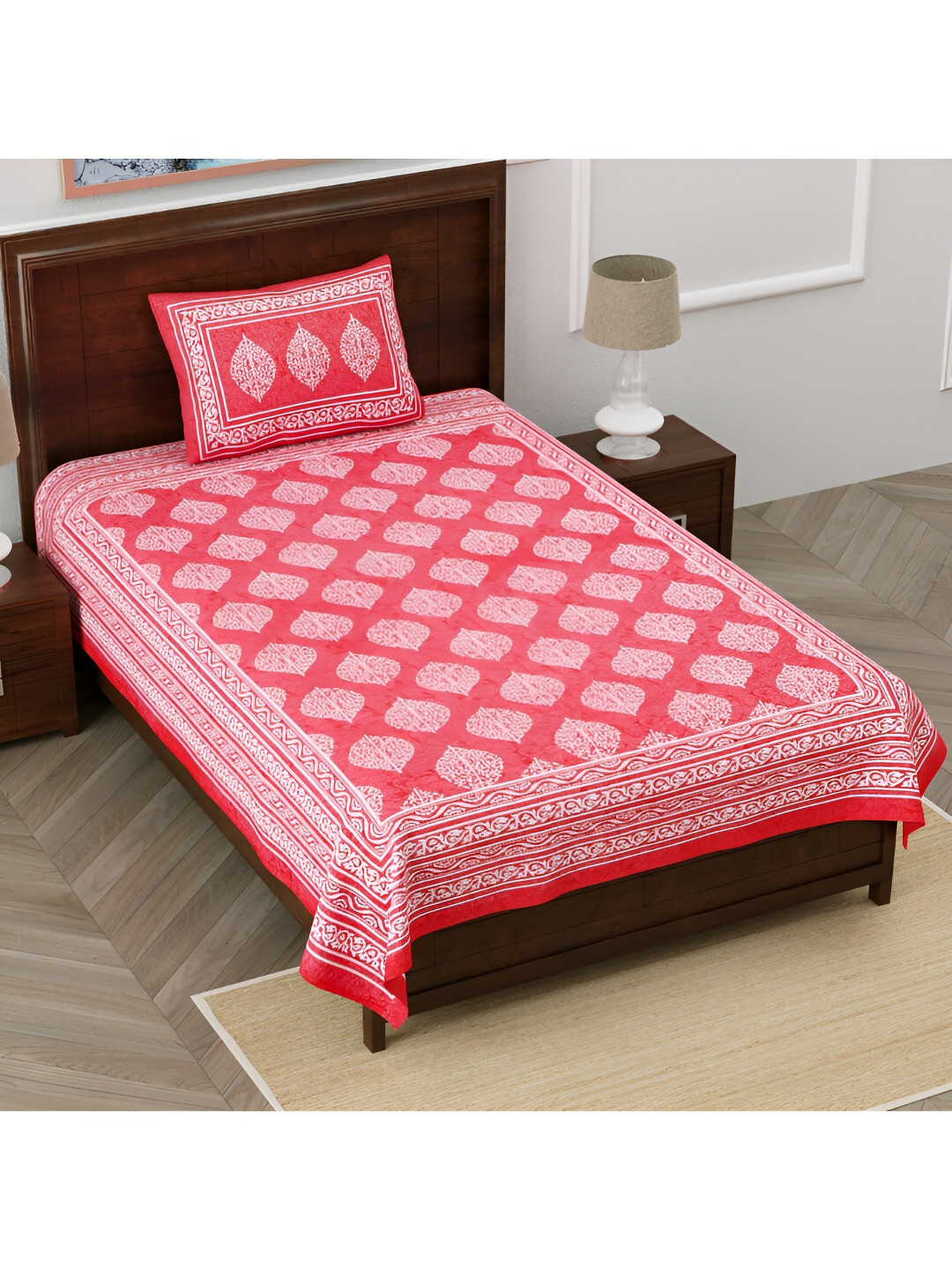 POORAK Anti Fade Peach Floral Pure Cotton 104 TC Single Coarse Bedsheet with a Pillow Cover-90 x 63 inches