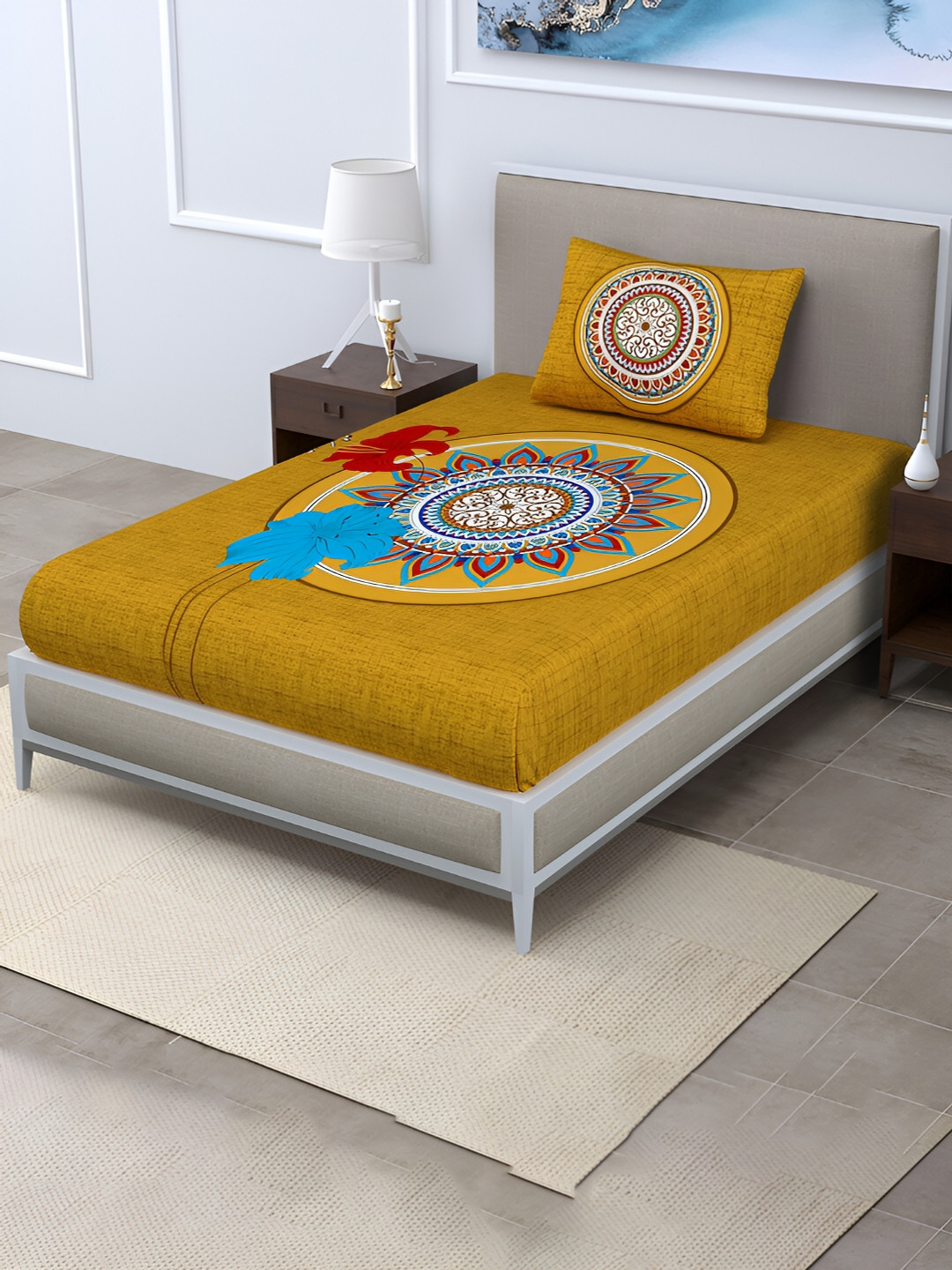 POORAK Anti Fade Flat Brown Ethnic Motifs Pure Cotton 104 TC Single Coarse Bedsheet with a Pillow Cover-90 x 63 inches