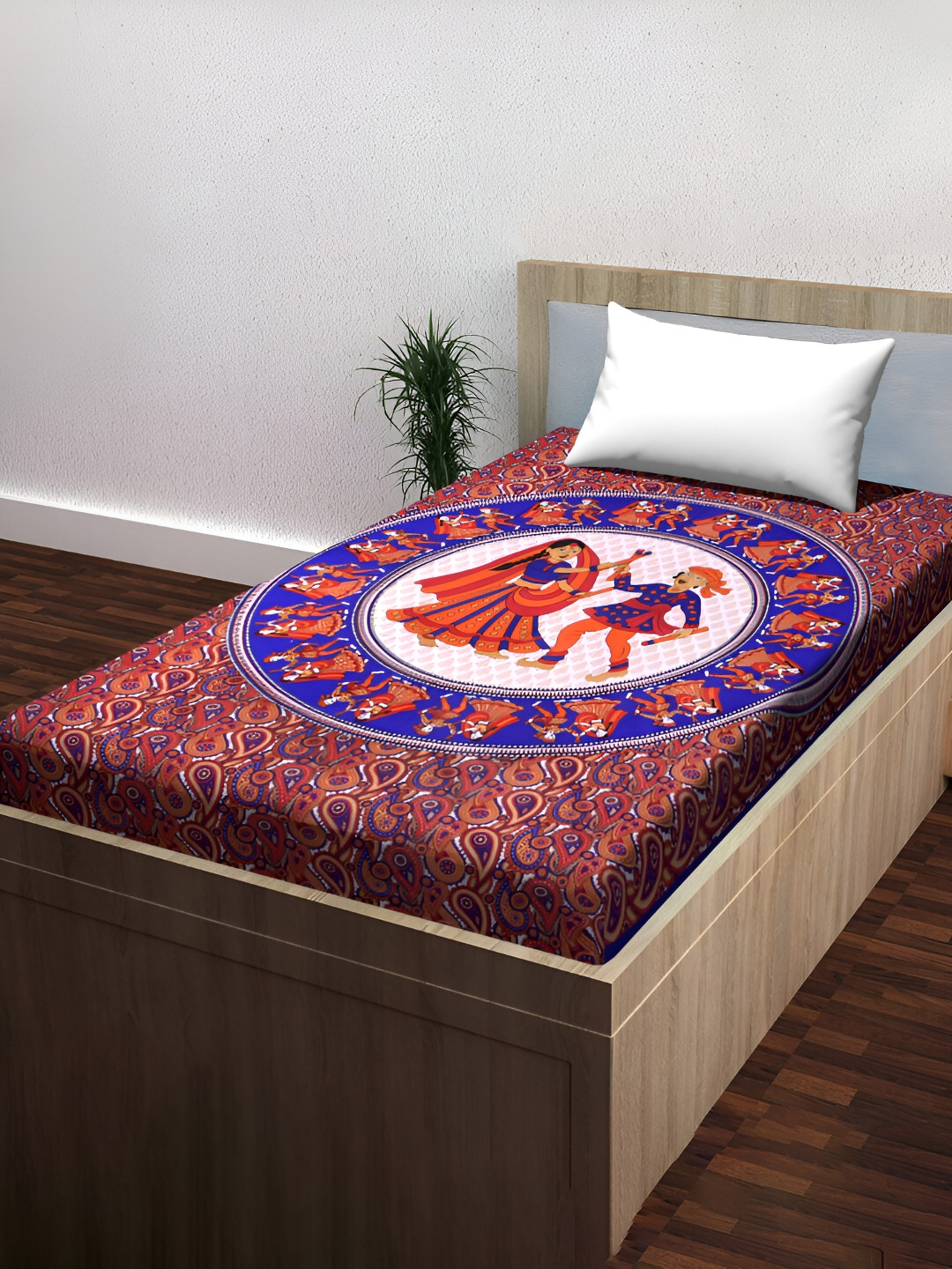 POORAK Blue Ethnic Motifs Pure Cotton 104 TC Single Coarse Bedsheet with a Pillow Cover-90 x 63 inches