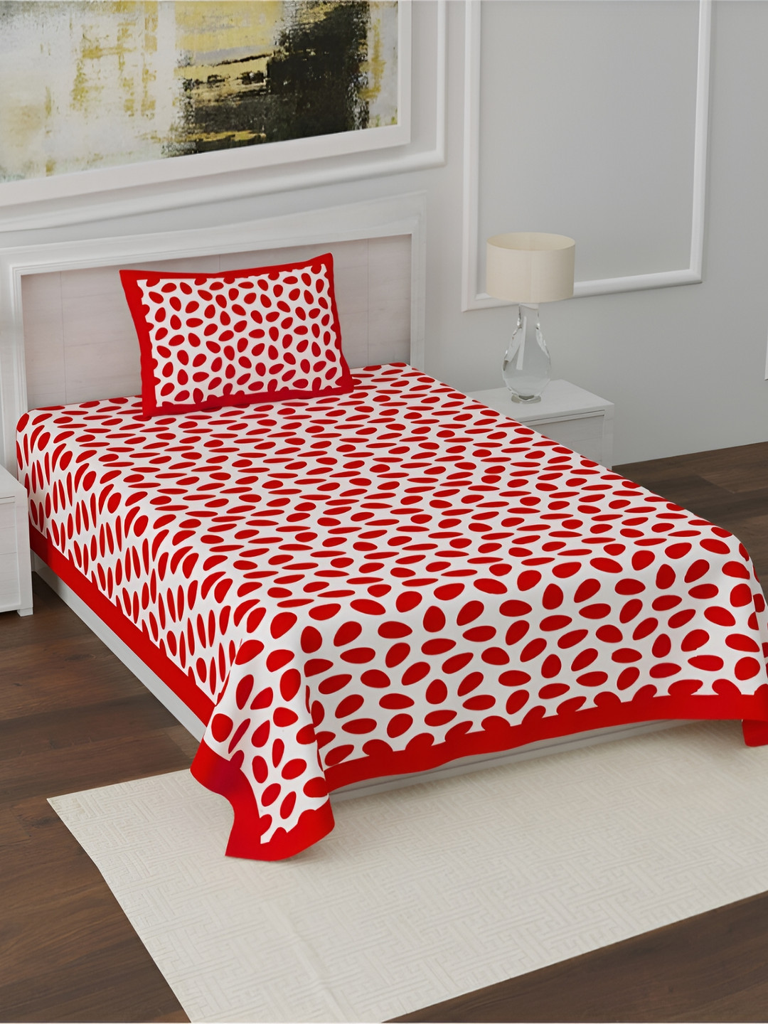 POORAK Red Geometric Pure Cotton 104 TC Single Coarse Bedsheet with a Pillow Cover-228 x 160 cm