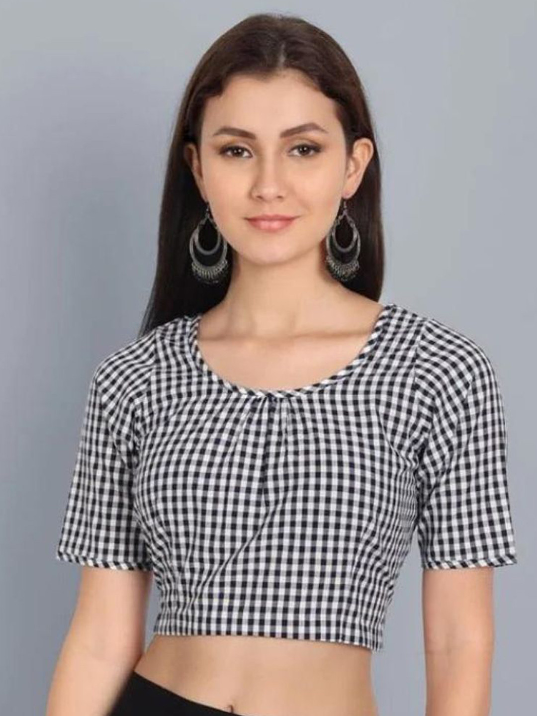 Mera Rang Checked Gathered Cotton Saree Blouse