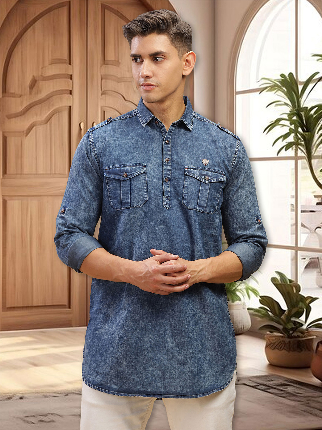 Kuons Avenue Shirt Collar Roll-Up Sleeves Denim Pathani Kurta