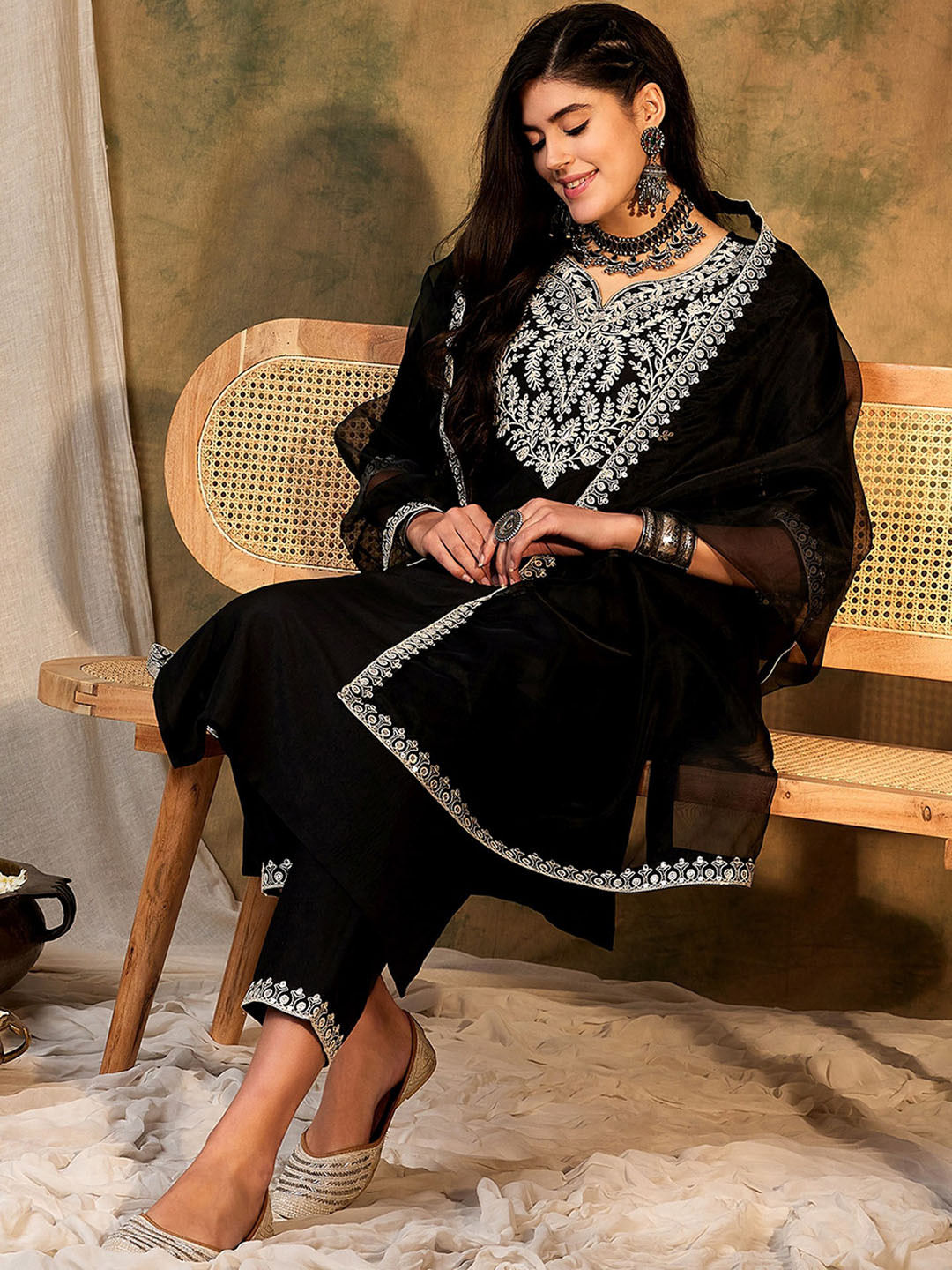 Indo Era Floral Yoke Design Regular Thread Work Kurta With Trousers & Dupatta