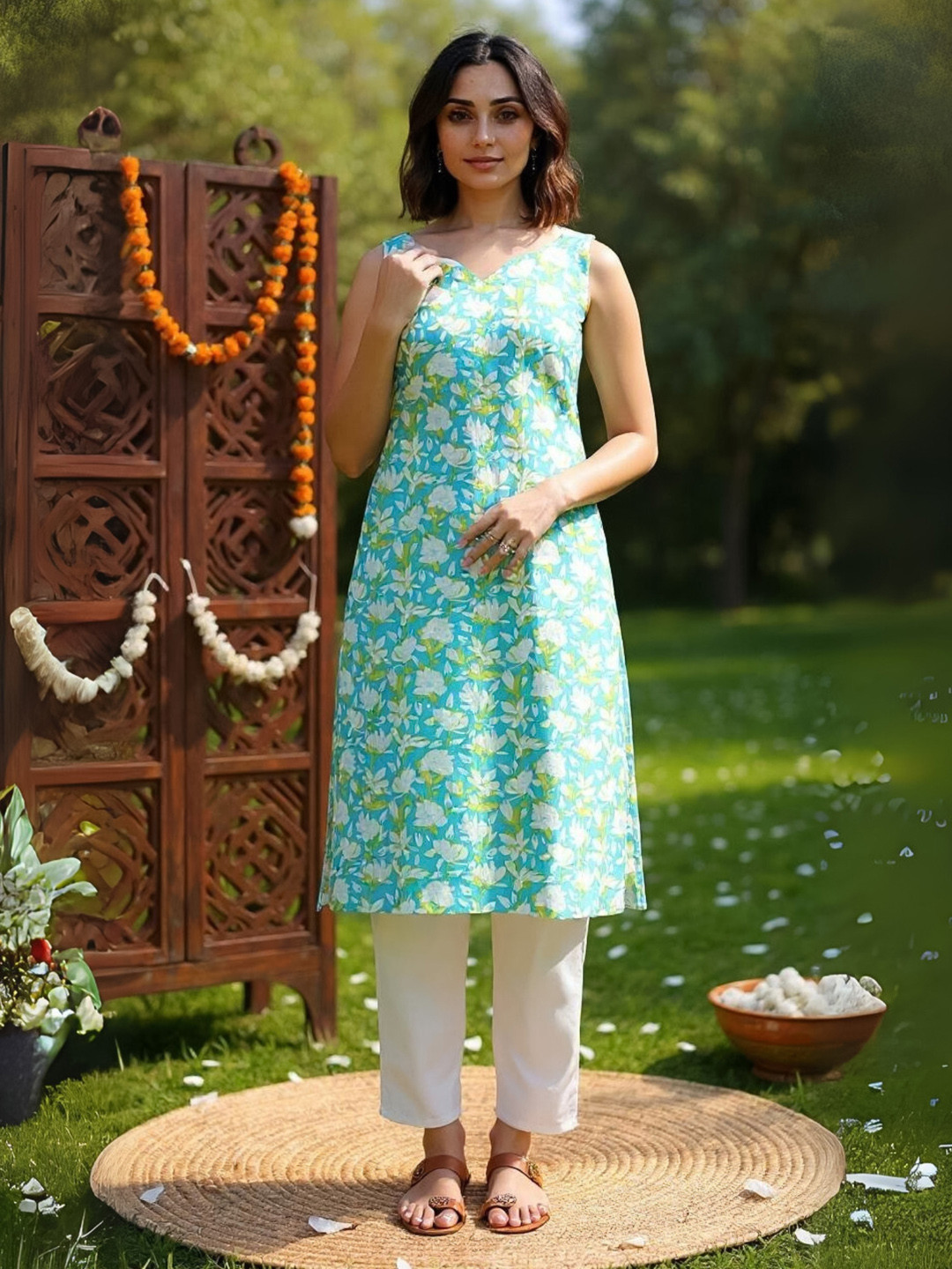 Indo Era Floral Printed Sweetheart Neck Sleeveless Pure Cotton Straight Kurta