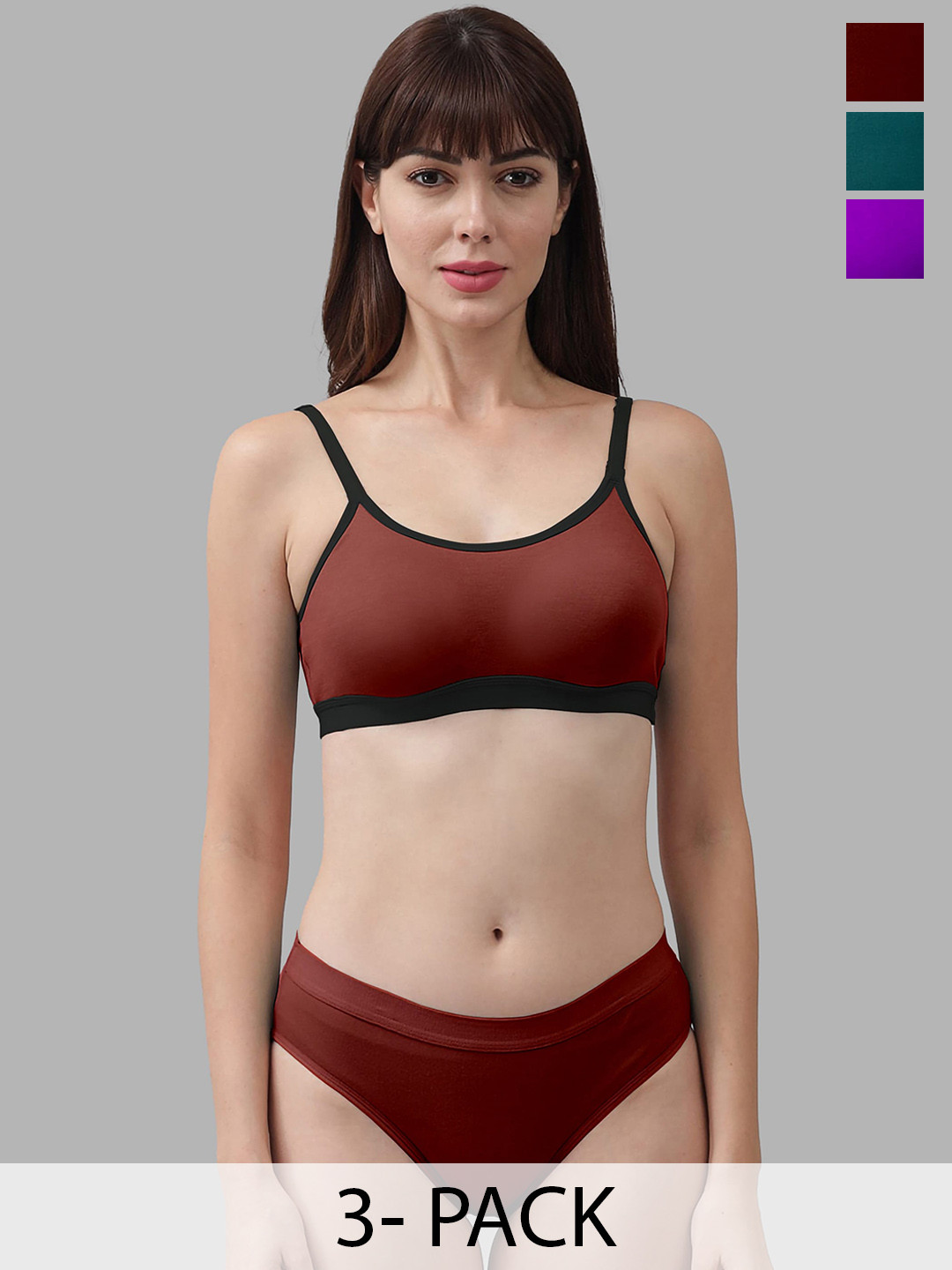 In-Curve Pack Of 3 Cotton Non Padded Bra With Mid-Rise Briefs