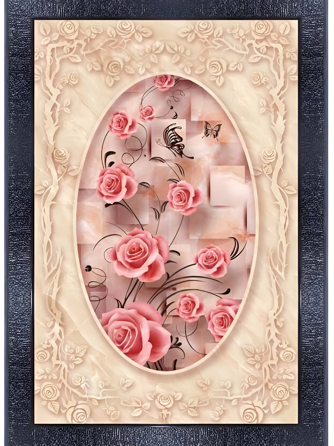 PnF Black & Cream Coloured Wooden Floral and Botanical Painting Wall Art