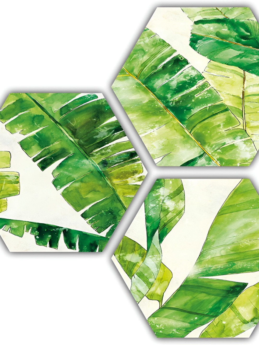 PnF Green & White 3 Pieces Wooden Leaf Painting Wall Arts