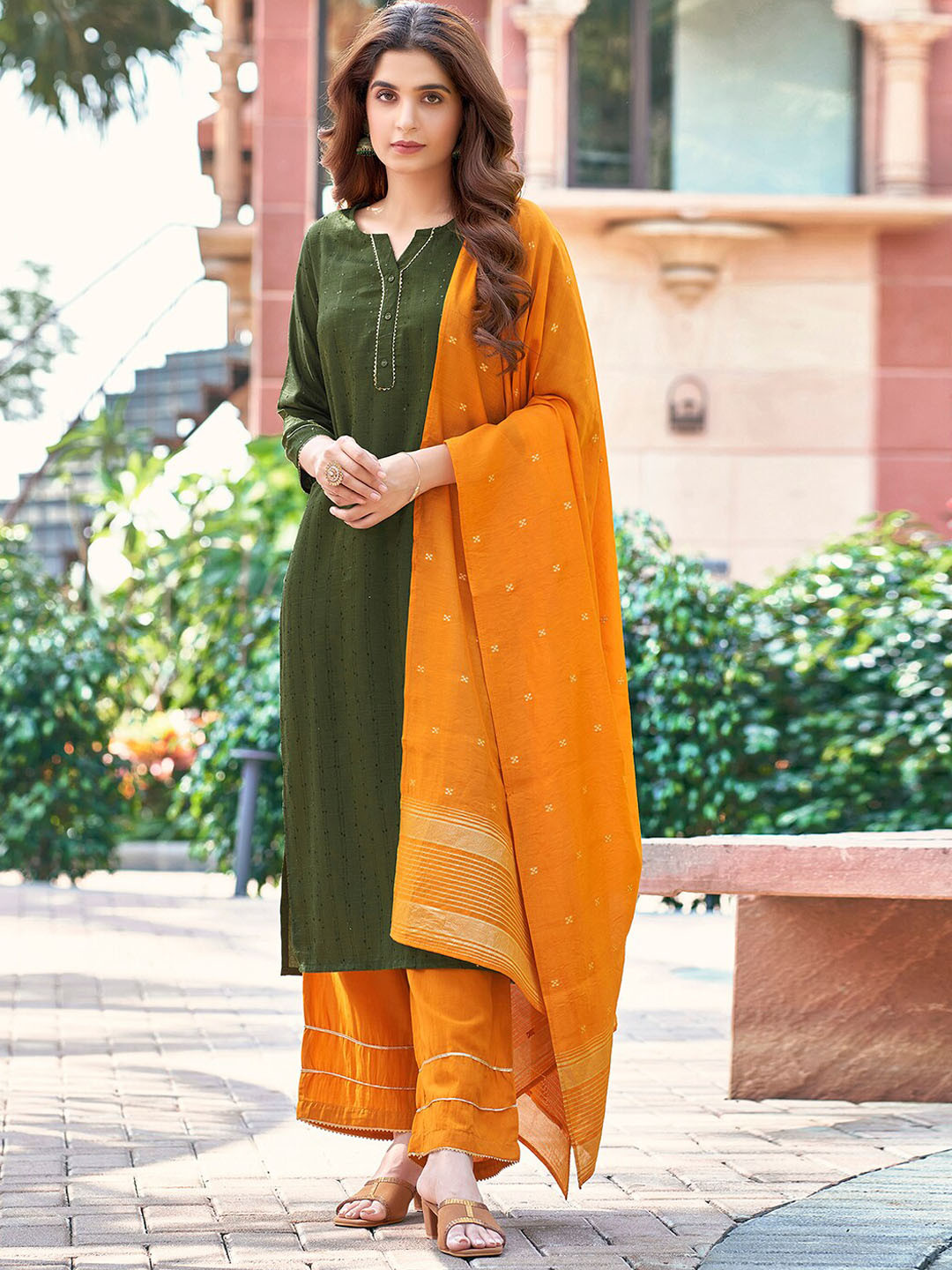 KALINI Ethnic Motifs Embridered Sequinned Straight Kurta & Palazzos With Dupatta