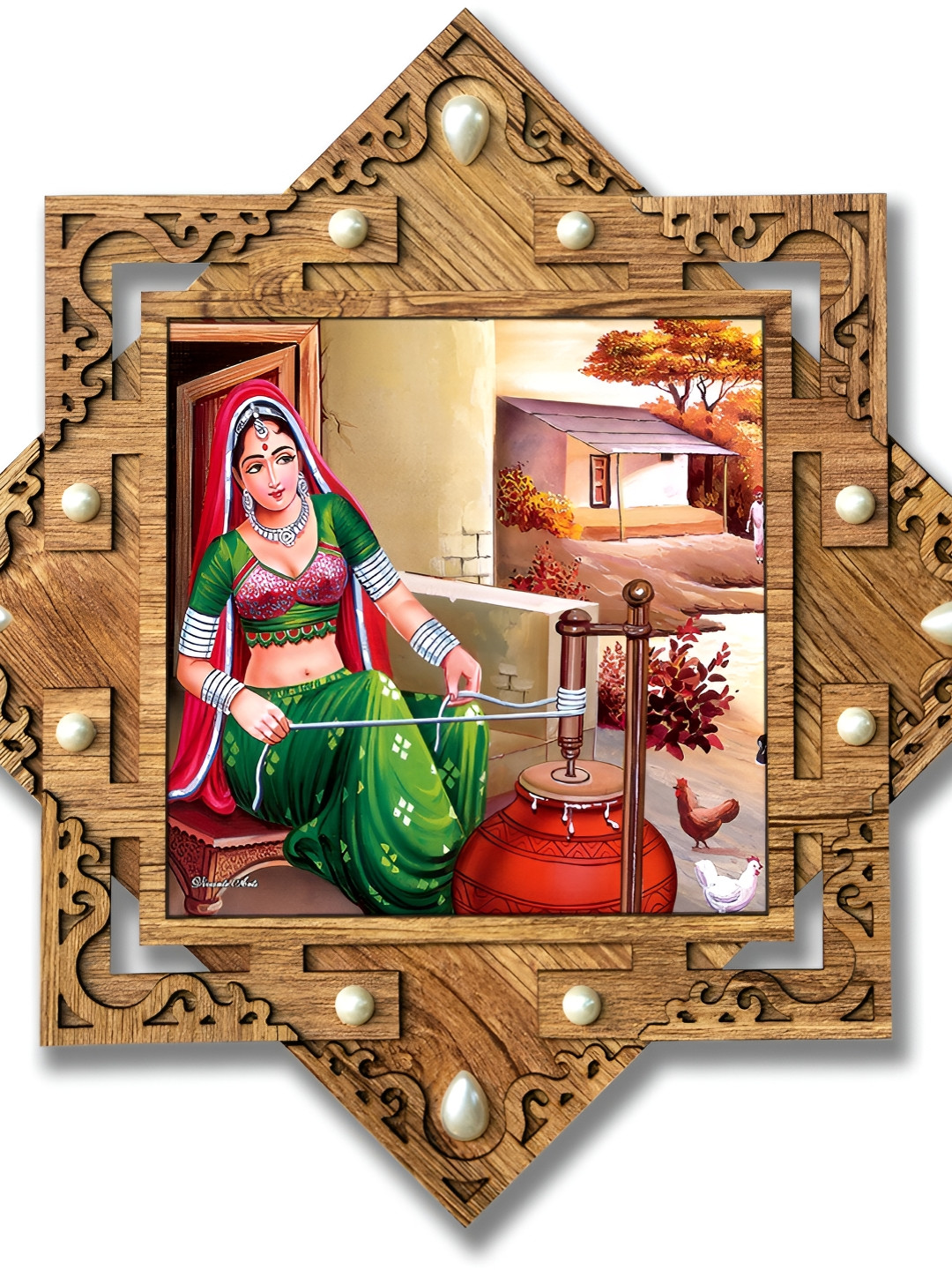 PnF Brown & Green Village Theme Wooden Painting Wall Art