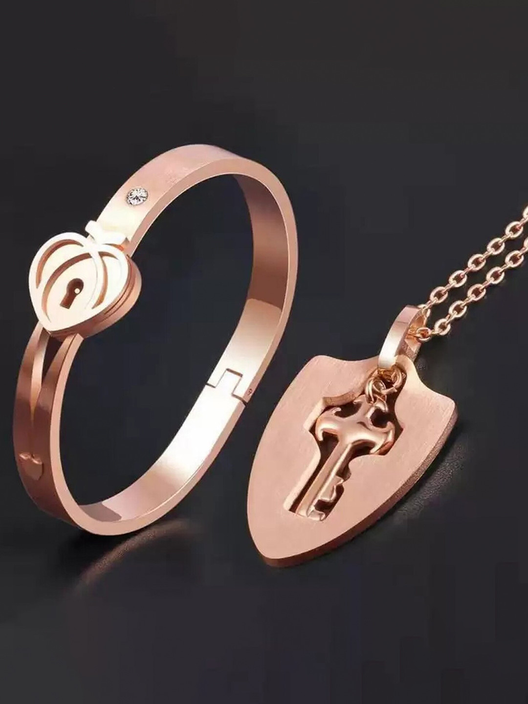 Fashion Frill Unisex Rose Gold-Plated Lock & Key Bracelet & Pendant
