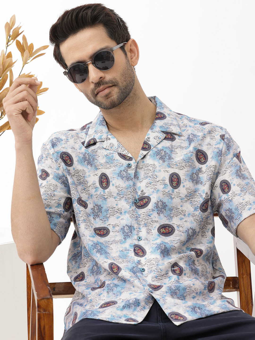 RARE RABBIT Men Duskon Boxy Fit Abstract Printed Cuban Collar Shirt