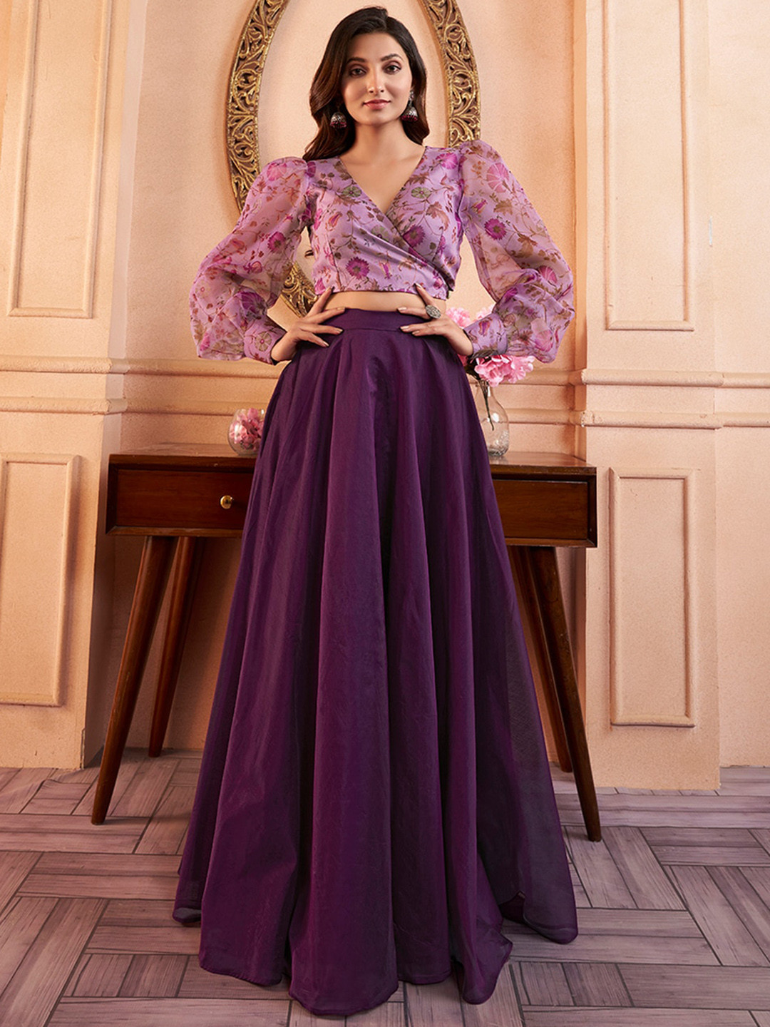 Floral Skirt Crop Latest Long Skirt With Top Design Women Green