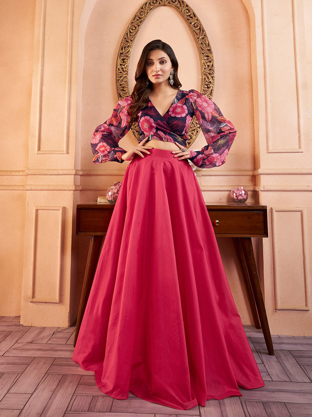 Inddus Floral Print V Neck Long Puff Sleeves Blouson Organza Top