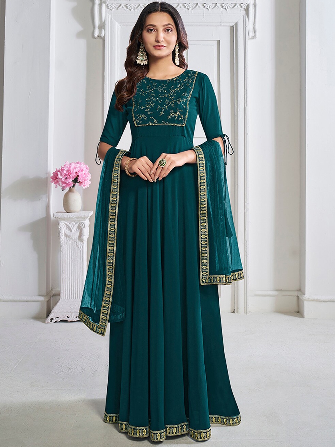 Buy Inddus Teal Blue Floral Embroidered Sequinned Georgette Anarkali Kurta With Dupatta Kurtas for Women 27583490 Myntra