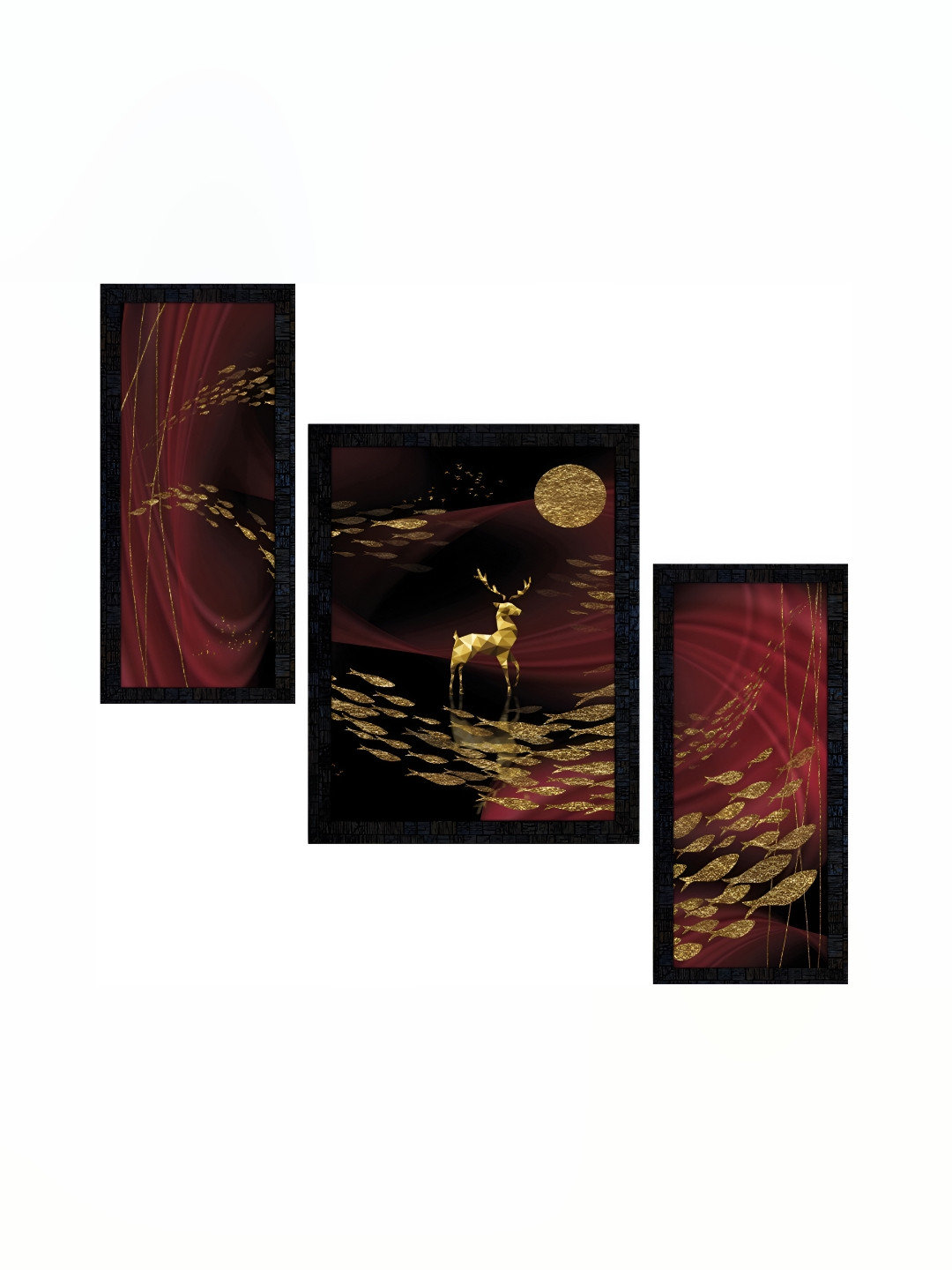 PnF Black & Maroon 3 Piece Birds and Animals Paintings Wall Art