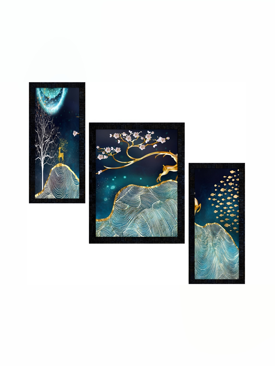 PnF Charcoal & Green 3 Pieces Wood Birds and Animals Wall Art