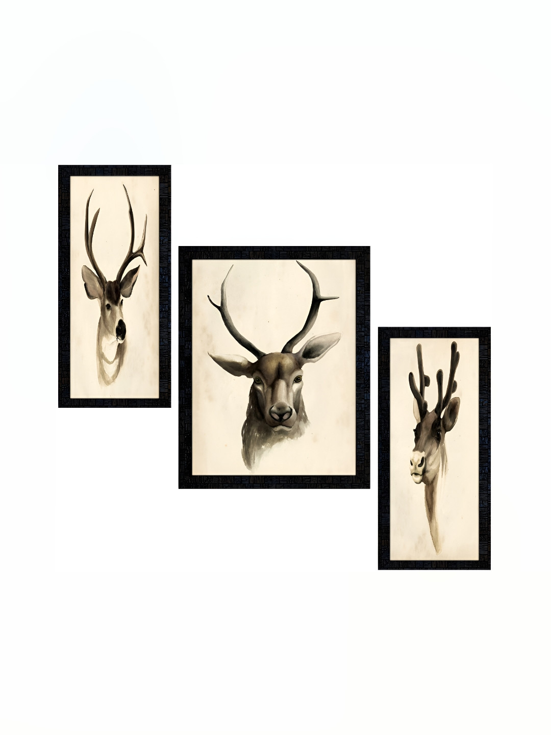 PnF Black & Brown 3 Pieces Deer Painting Wooden Painting Wall Arts