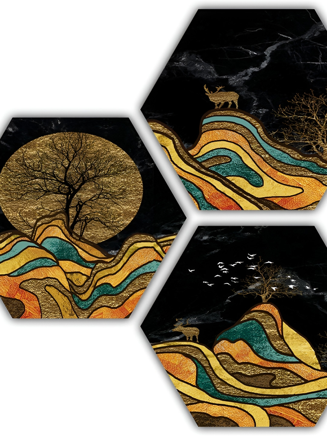 PnF Black & Yellow 3 Pieces Wooden Other Painting Wall Art