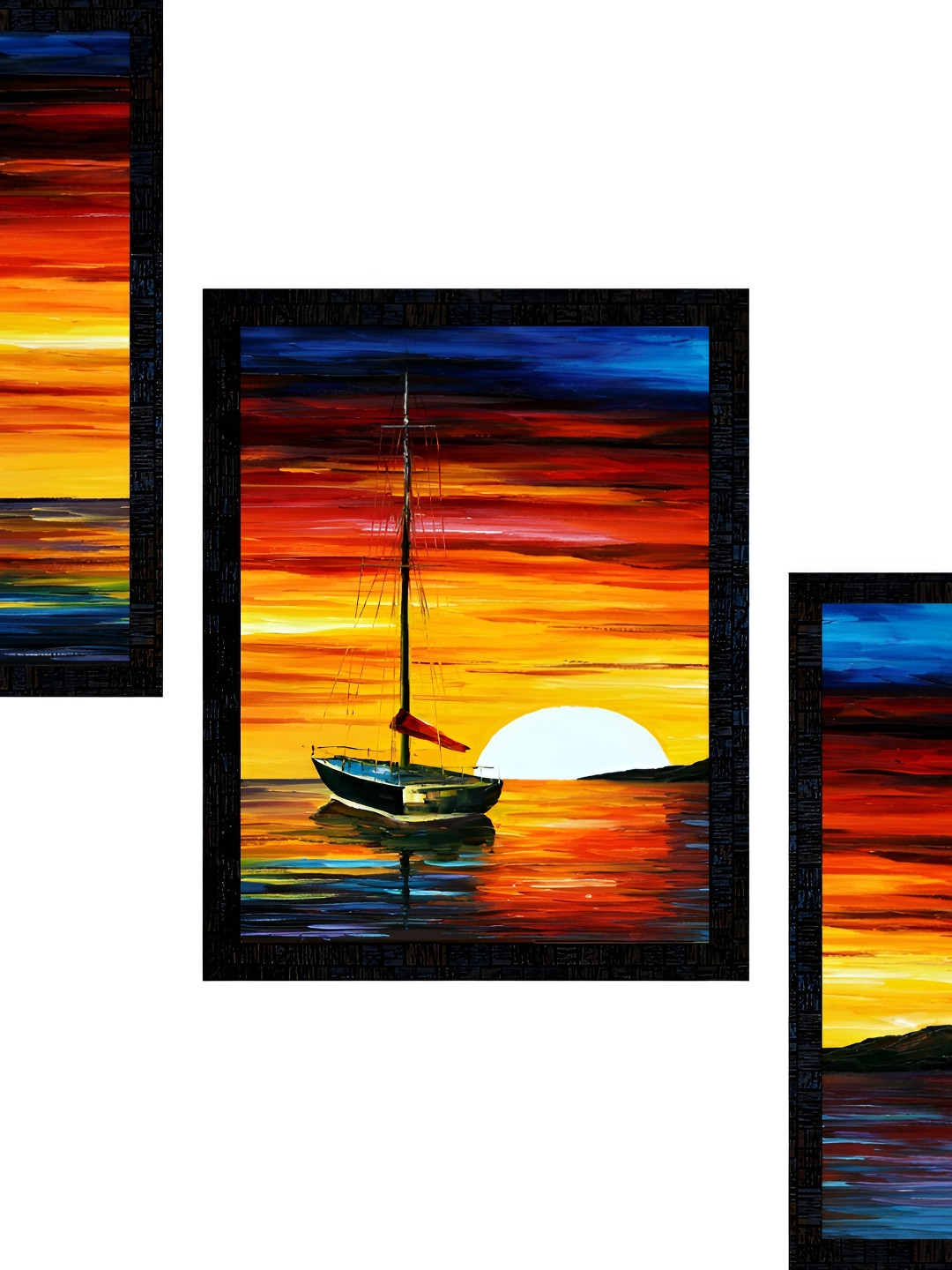 PnF Yellow & Blue 3 Pieces Sun Set Framed Painting Wall Art
