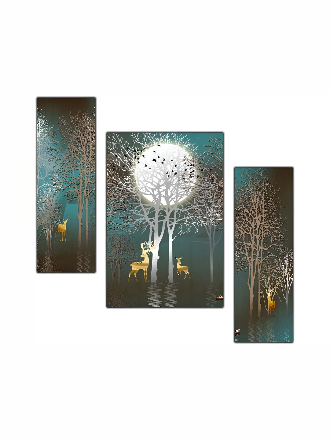 PnF Green & Grey 3 Pieces Birds And Animals Wall Arts