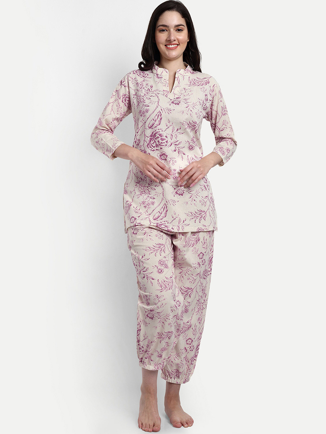 NIGHT FLOSS Floral Printed Pure Cotton Night suit