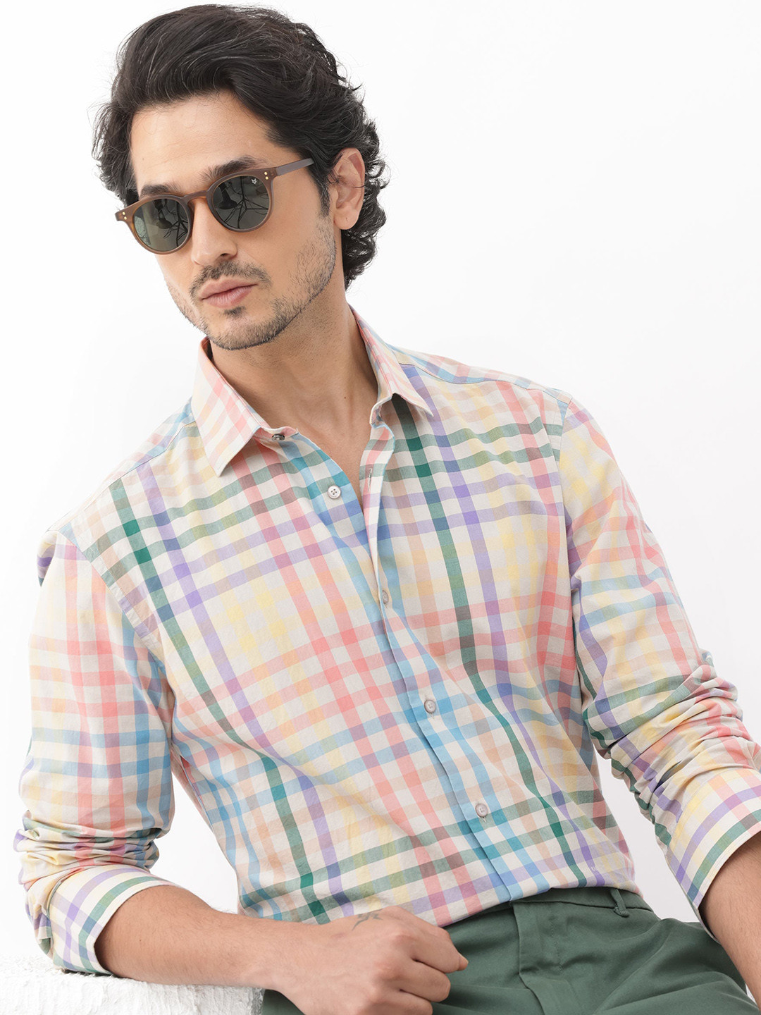 RARE RABBIT Men Aubin Regular Fit Checked Spread Collar Cotton Shirt