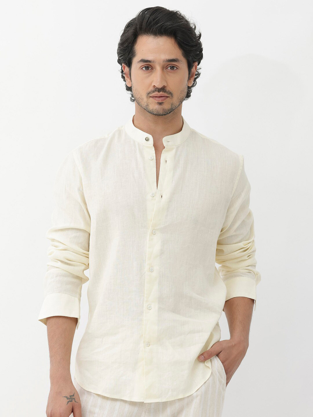 RARE RABBIT Men Cinex Regular Fit Band Collar Linen Shirt