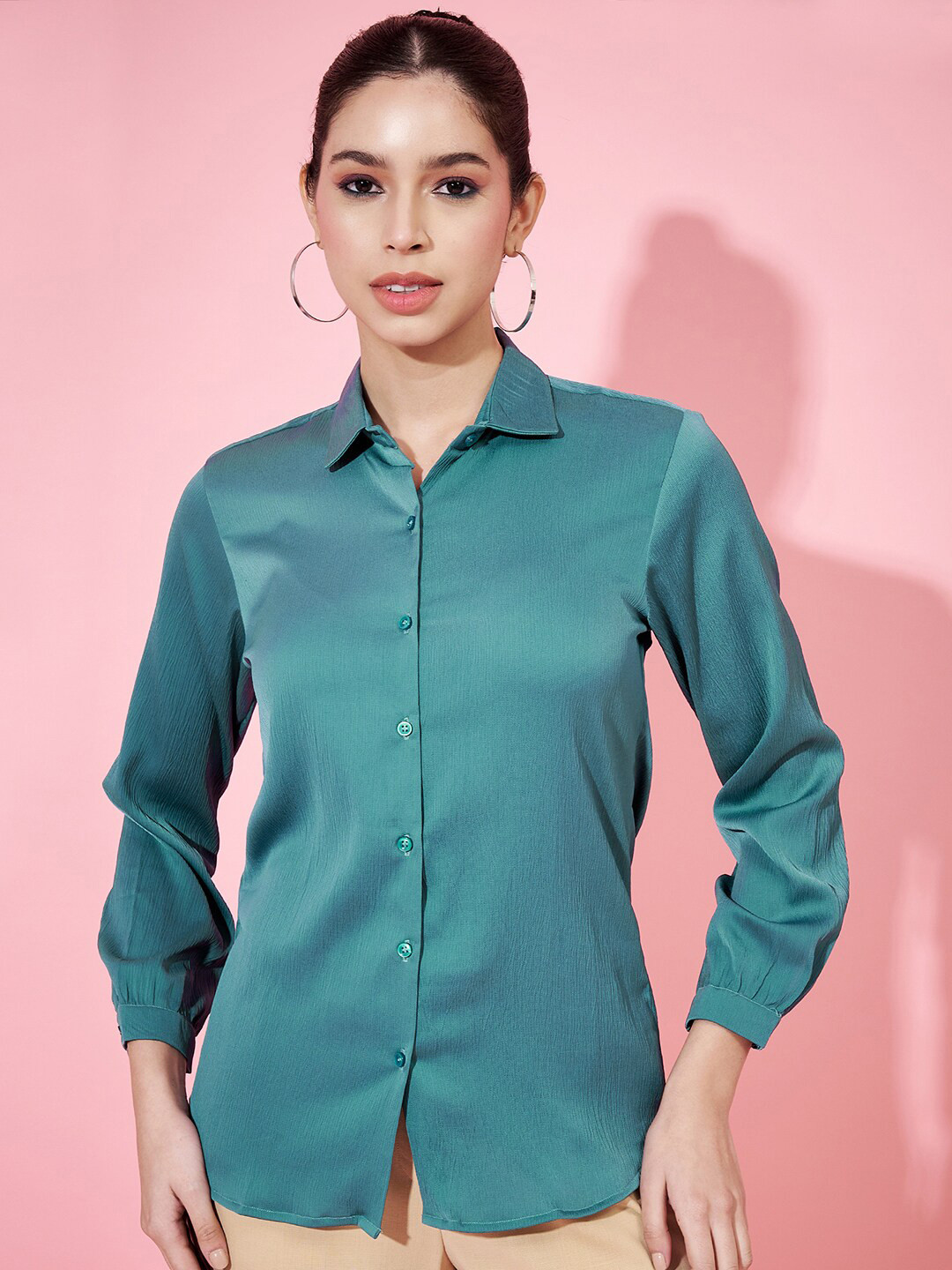 Fbella Premium Tailored Fit Spread Collar Long Sleeves Silk Casual Shirt