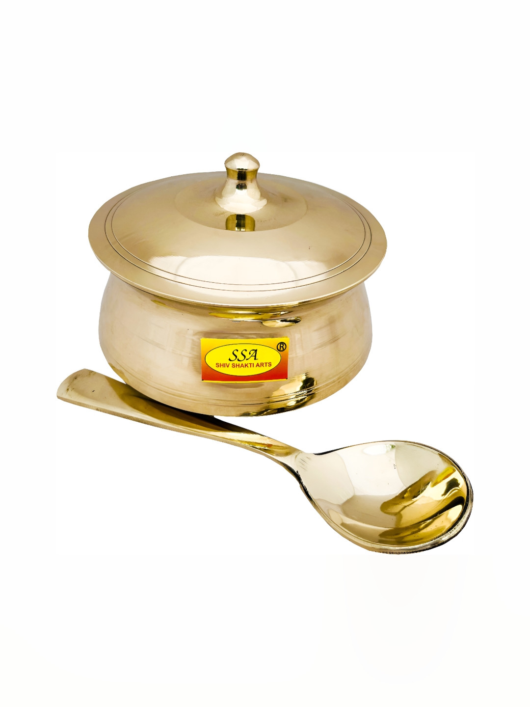 Shivshakti Arts Yellow Brass 3 Pieces Serving Casserole Donga With Spoon 1L
