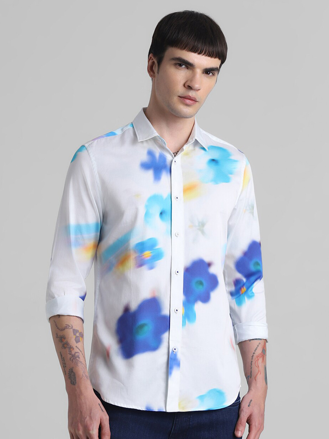 Jack & Jones Spread Collar Slim Fit Floral Printed Casual Pure Cotton Shirt