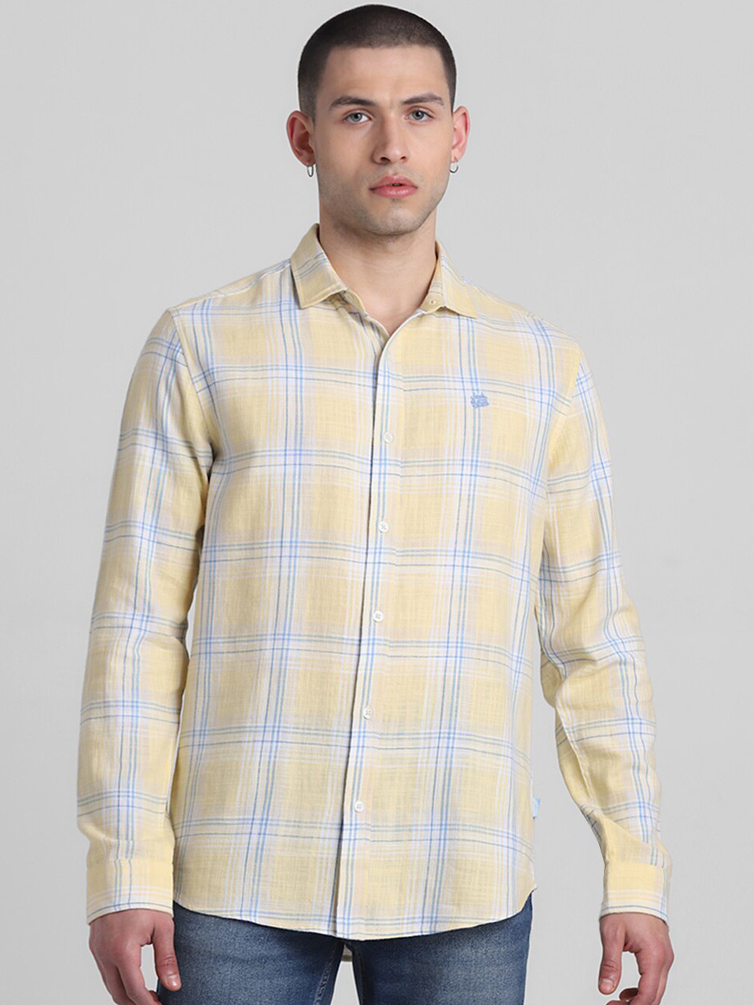 Jack & Jones Windowpane Checked Spread Collar Pure Cotton Casual Shirt