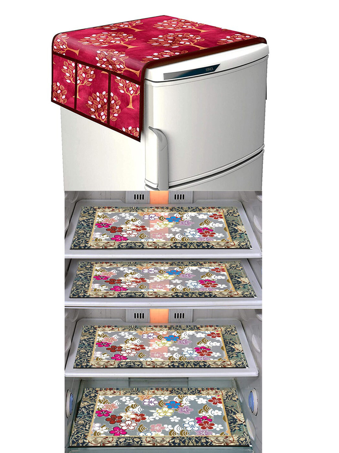 Dakshya Industries FC Maroon & Grey 5 Pieces Printed Fridge Cover & Mat