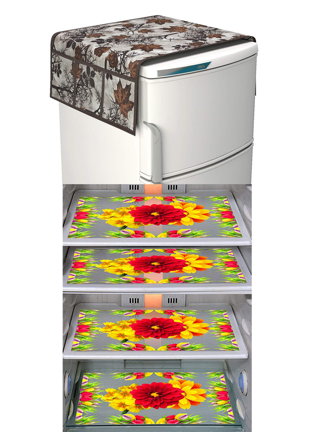 Dakshya Industries Yellow & Brown 5Pcs Printed Refrigerator Appliance covers