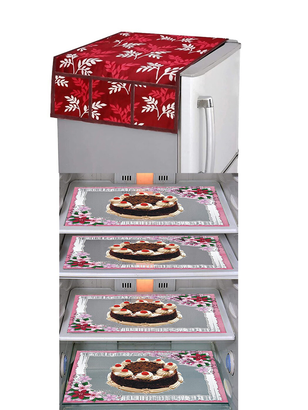 Dakshya Industries 5 Pieces Brown & Maroon Printed Fridge Covers & Mat
