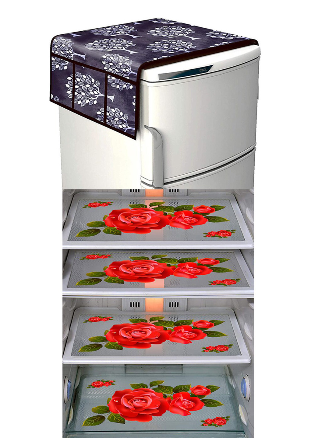 Dakshya Industries FC Red & Grey 5 Pieces Printed Fridge Cover & Mats