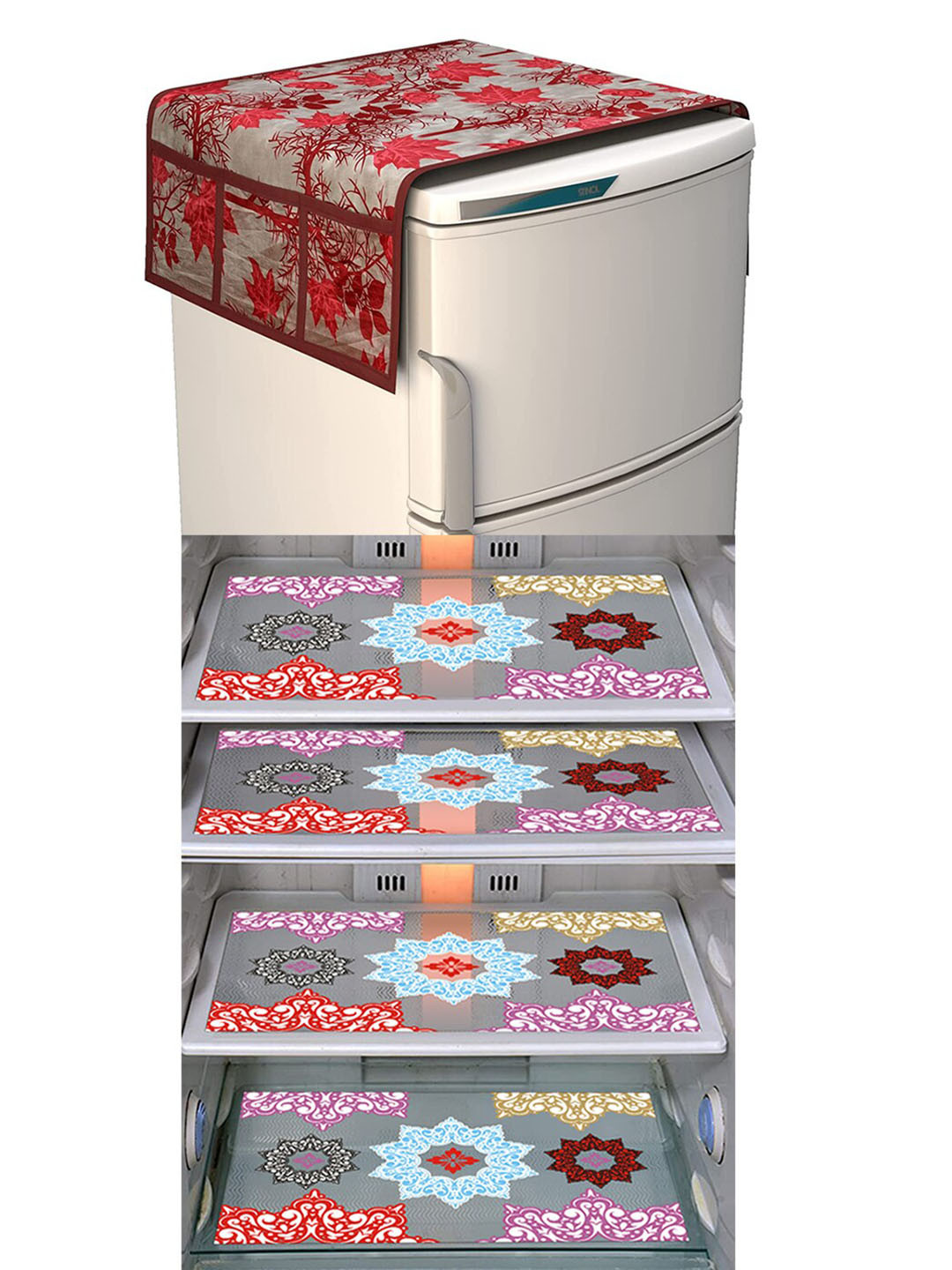 Dakshya Industries 5 Pcs Red & Maroon Printed Fridge Covers & Mat