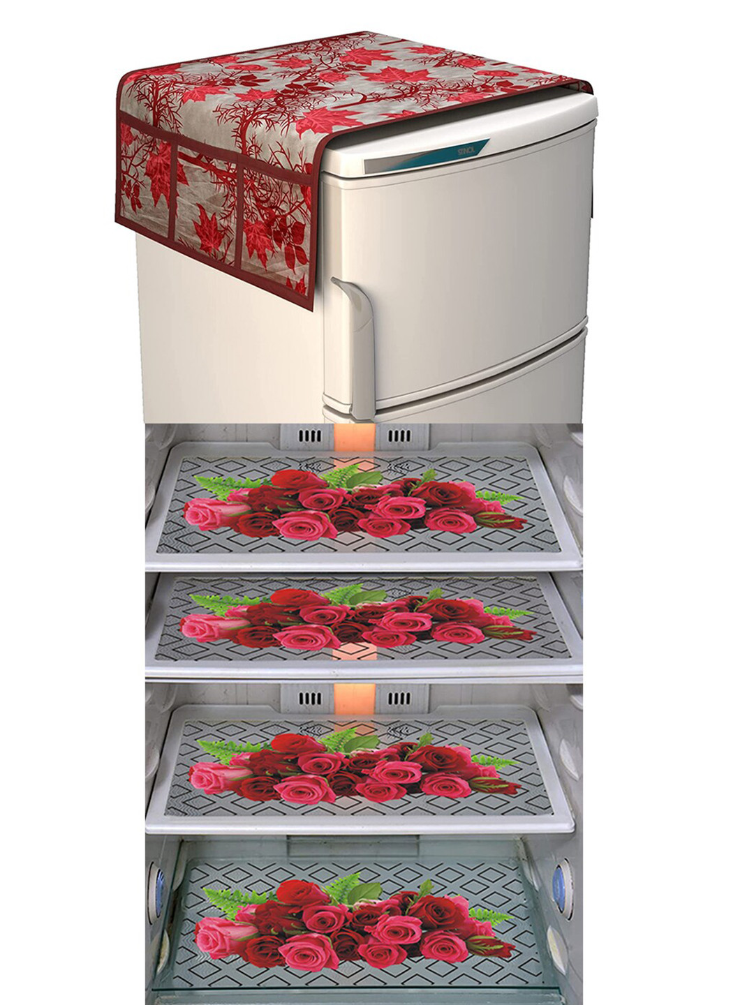 Dakshya Industries FC Maroon & Grey 5 Pieces Printed Fridge Cover & Mats